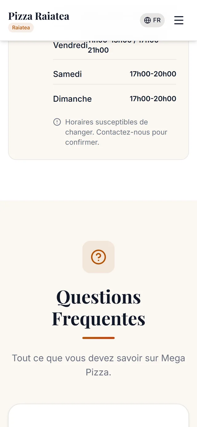pizza-raiatea.com, page horaires, sur téléphone