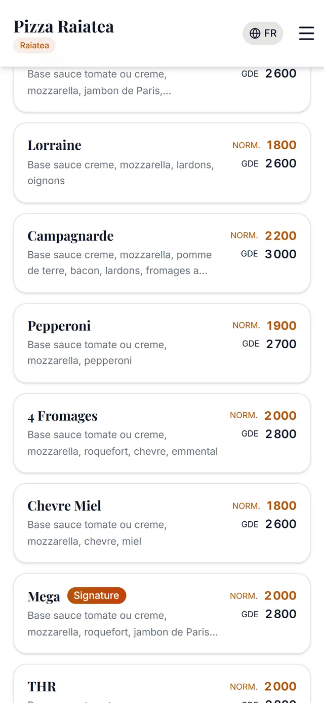pizza-raiatea.com, page carte, sur téléphone