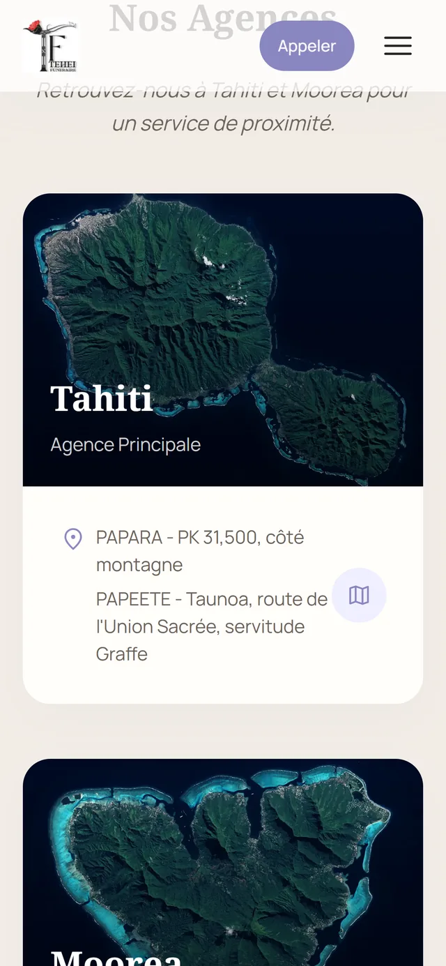 teheifuneraire.pf, page agences, sur téléphone